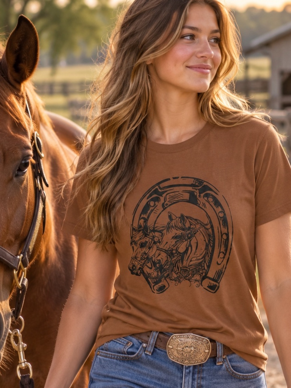 Graphic Tee of Horses and a Horseshoe